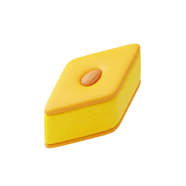 3D render of a diamond-shaped slice of yellow sfouf with smooth glossy icing topped by a single almond, spongy semolina texture on the sides and a thin base layer, isolated on a black background.