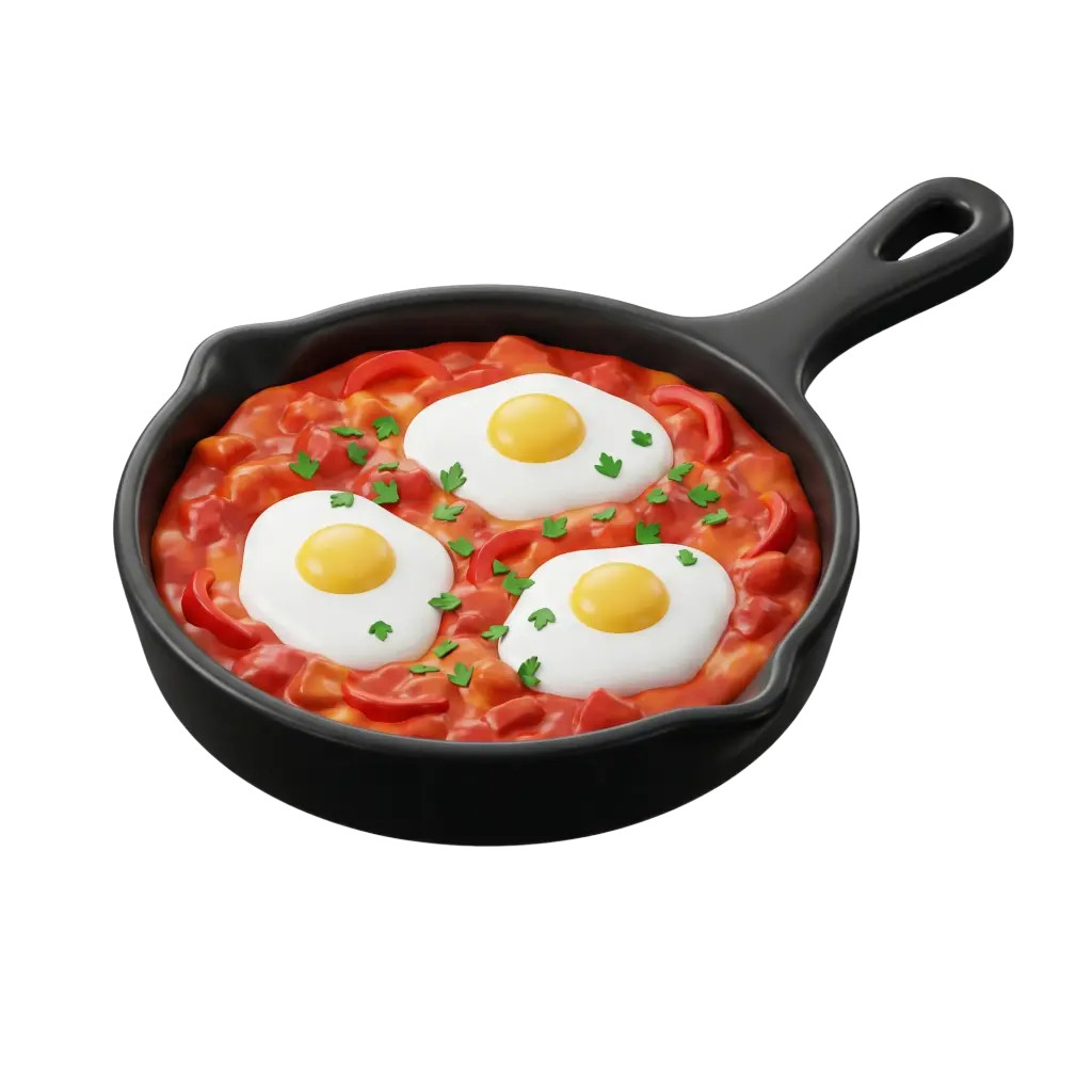 3D render of a black skillet containing three sunny-side-up eggs set in a chunky red tomato and pepper sauce, garnished with small green parsley leaves on a black background.