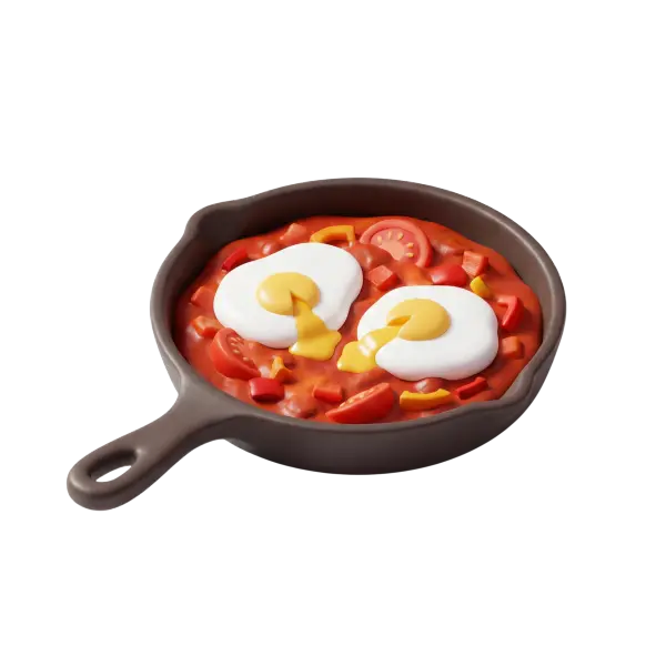 3D render of a shakshouka skillet showing two softly set eggs with runny yolks over a rich red tomato and pepper stew, garnished with tomato wedges and diced red and yellow peppers in a dark pan on a black background.