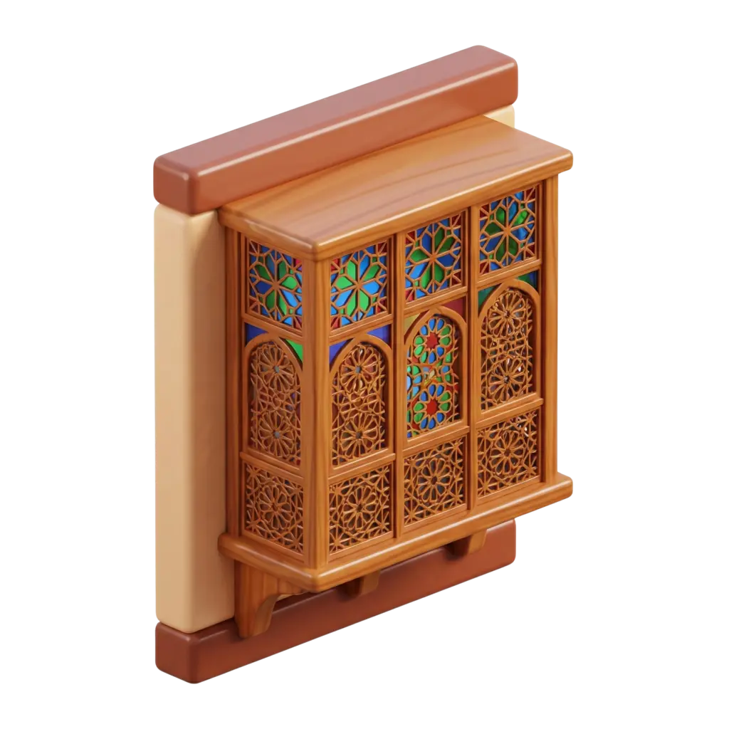 3D render of a traditional wooden shanasheel balcony with intricate carved mashrabiya panels and colorful stained-glass insets, glossy varnished wood finish mounted on a warm beige wall, isolated on a black background.
