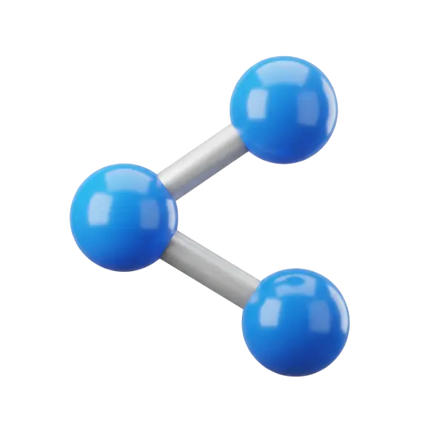 3D render of three glossy blue spheres linked by matte silver cylindrical rods, isolated on a transparent background.