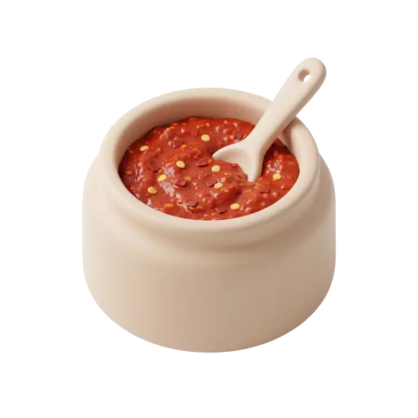 3D render of a beige ceramic jar filled with chunky red shattah hot sauce topped with yellow seeds and red chili flakes, with a matching spoon resting inside. Glossy, textured sauce visible against a black background.