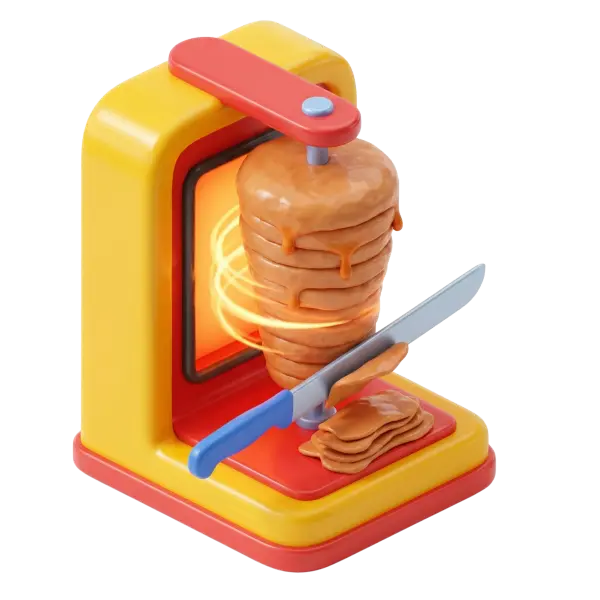 3D render of a stylized glossy shawarma grill with a stacked meat cone dripping sauce on a vertical spit, yellow and red glossy housing, a blue-handled slicing knife and sliced meat on the tray, isolated on a transparent black background.