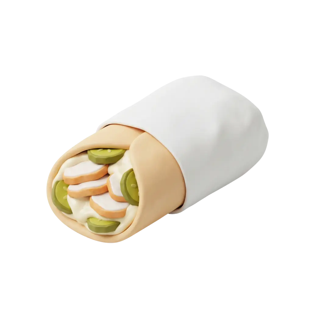3D render of a shawarma wrap cut end-first, showing a beige flatbread rolled with white creamy sauce, layered pale orange meat slices and green pickle rounds, partially wrapped in white paper on a black background. Isolated render with smooth, stylized textures and soft shadows.