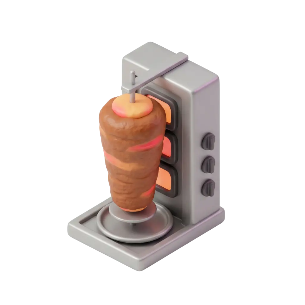 3D render of a vertical shawerma cone on a metal rotisserie with glowing orange heating elements, a grey metallic base and skewer, visible browned meat layers and pinkish roasted highlights against a black background.