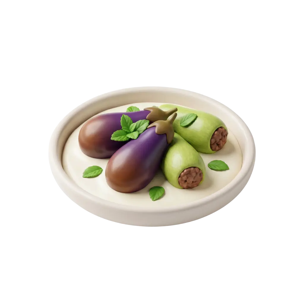 3D render of a white ceramic plate with two glossy purple eggplants and two pale green stuffed zucchini filled with a brown minced filling, garnished with small green herb leaves on a black background.