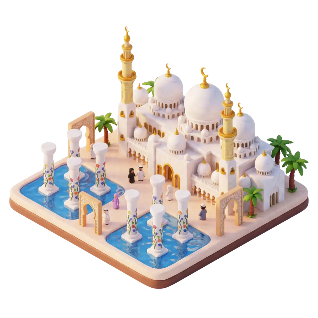 3D clay-style depiction of Sheikh Zayed Mosque showing white domes, gold-capped minarets, ornate colonnades and decorated columns rising from reflective blue pools. Isometric view with stylized figures, palm trees and warm soft lighting on an isolated dark background.