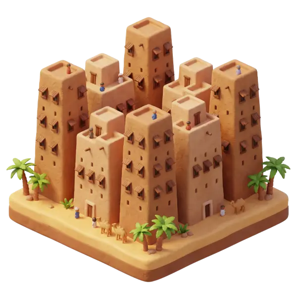 3D clay-style depiction of clustered tall mudbrick tower-houses with wooden window shades, tiny figures, camels and palm trees on a sandy base. Isometric perspective with warm lighting and an isolated transparent background.