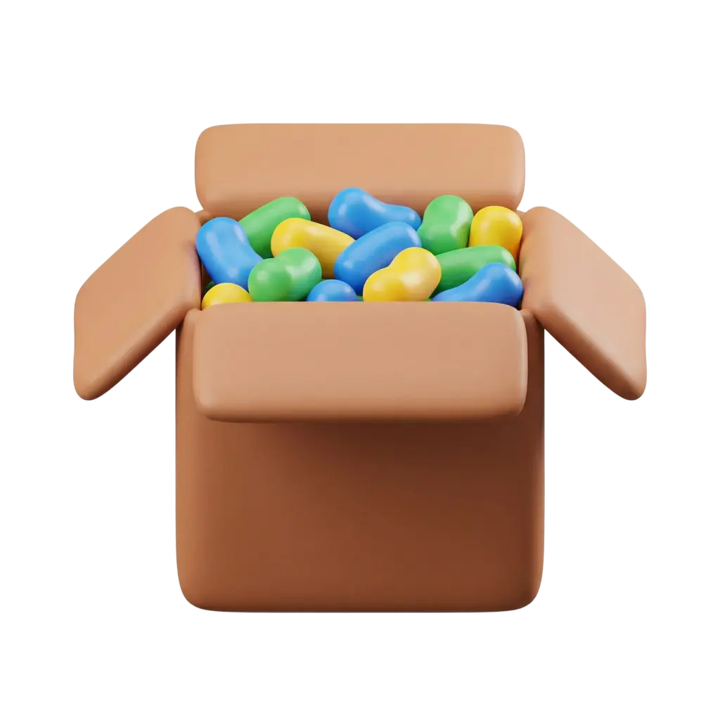 3D render of an open brown cardboard shipping box with soft matte finish, filled with glossy bean-shaped objects in blue, green, and yellow on a transparent background.
