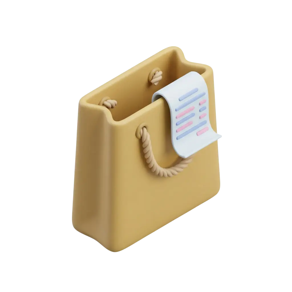 3D render of a beige shopping bag with rope handles and a rolled receipt hanging over the edge, matte plastic-like finish, isolated on a dark/black background.