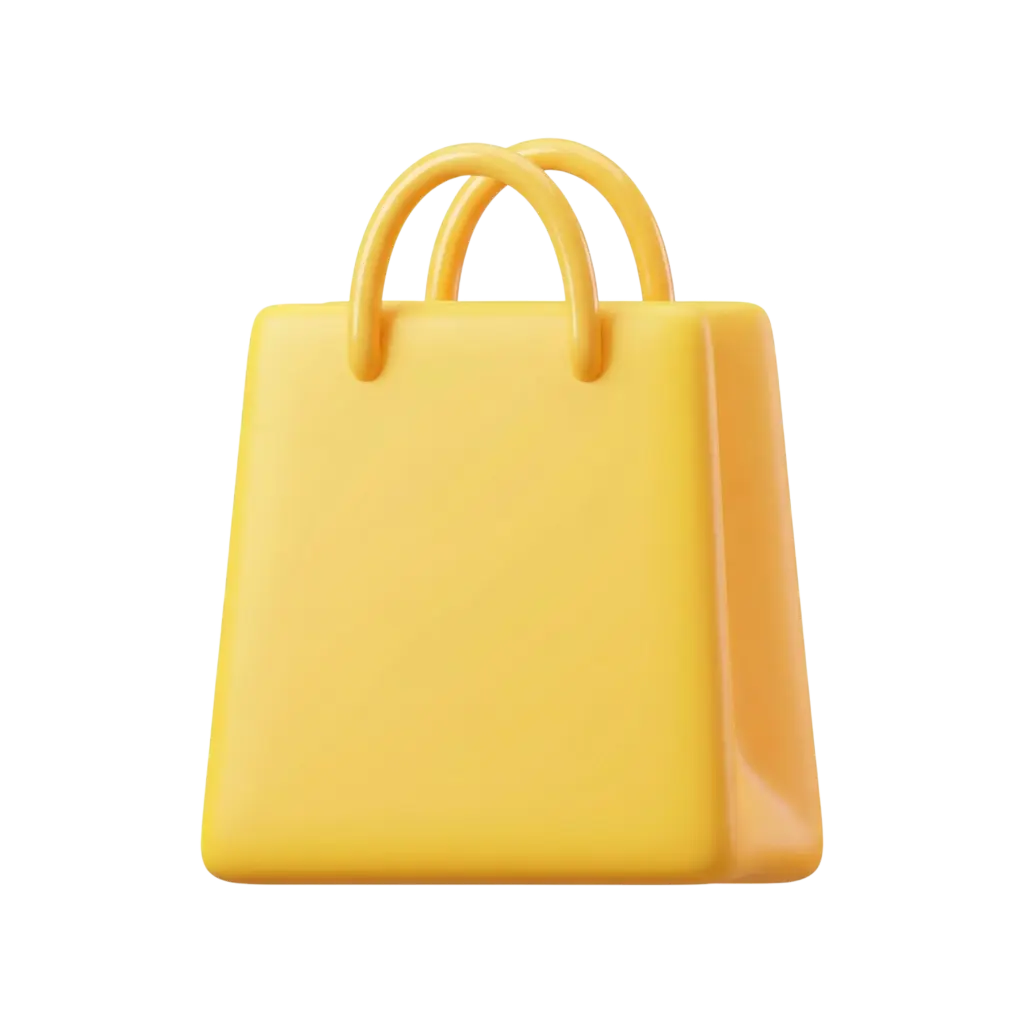 3D render of a minimalist yellow shopping bag with rounded double handles, smooth glossy plastic finish and soft edges, isolated on a transparent background.