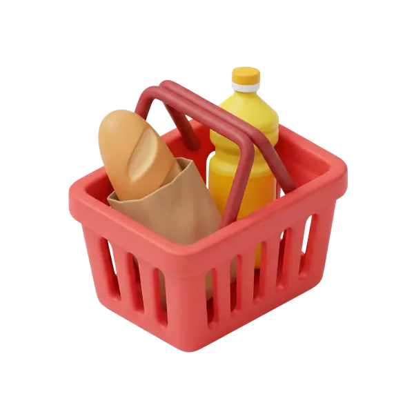 3D render of a red plastic shopping basket with maroon handles containing a wrapped baguette and a yellow bottle; smooth matte finish and isolated on a transparent background.
