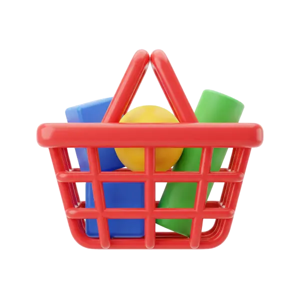 3D render of a glossy red shopping basket with a grid structure holding colorful matte geometric items — a blue rectangular block, a yellow sphere, and a green cylinder — isolated on a transparent background.