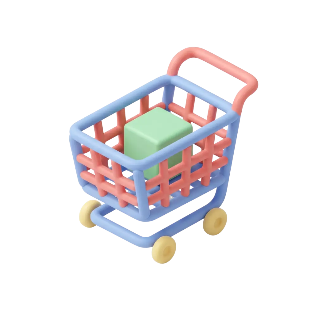 3D render of a stylized shopping cart with a soft tubular grid frame in pastel colors (blue frame, pink grid, yellow wheels) holding a single mint-green cube; smooth matte plastic finish on a black background.