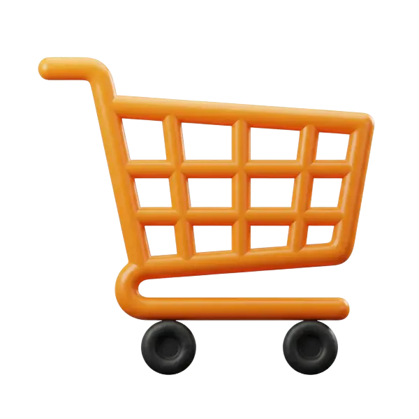 3D render of an orange glossy tubular shopping cart icon with a grid-style basket, rounded frame and matte black wheels on a transparent background.