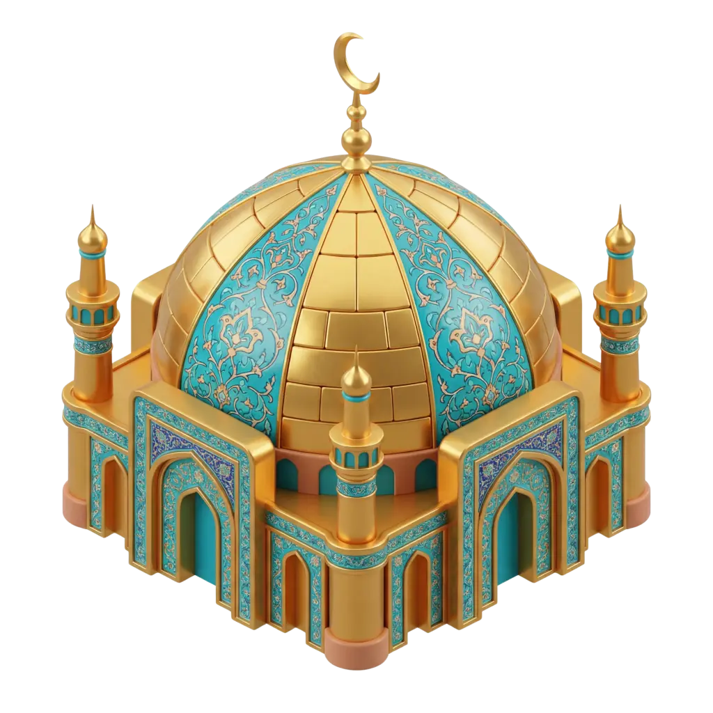 3D render of a stylized shrine dome with glossy gold and turquoise ceramic inlays, ornate arabesque floral tilework, crescent finial and four small minarets, presented as an isolated render on a black background.