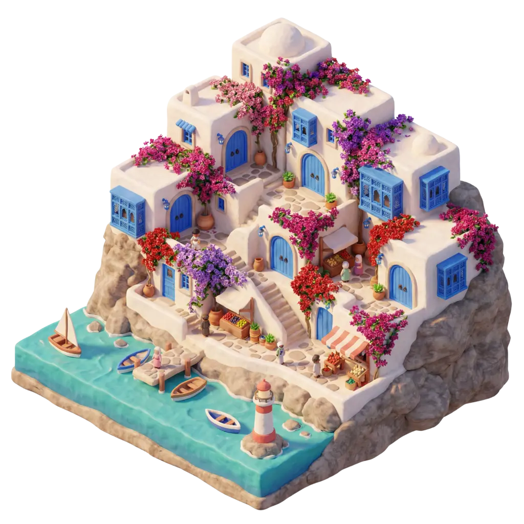 3D render of a white-and-blue cliffside village with cubic houses, blue doors and windows, cascading bougainvillea, a small stone harbour with boats and a lighthouse, shown in an isometric perspective with soft studio lighting on a transparent background.