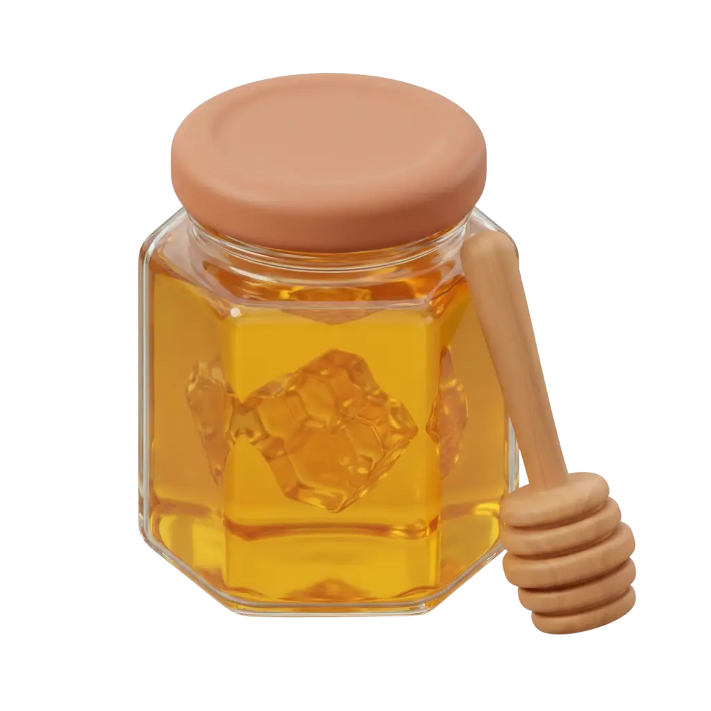 3D render of a hexagonal glass jar filled with golden Sidr honey with an embossed honeycomb visible inside, topped with a matte terracotta lid and accompanied by a wooden honey dipper. Isolated on a transparent background with glossy glass and viscous honey reflections.