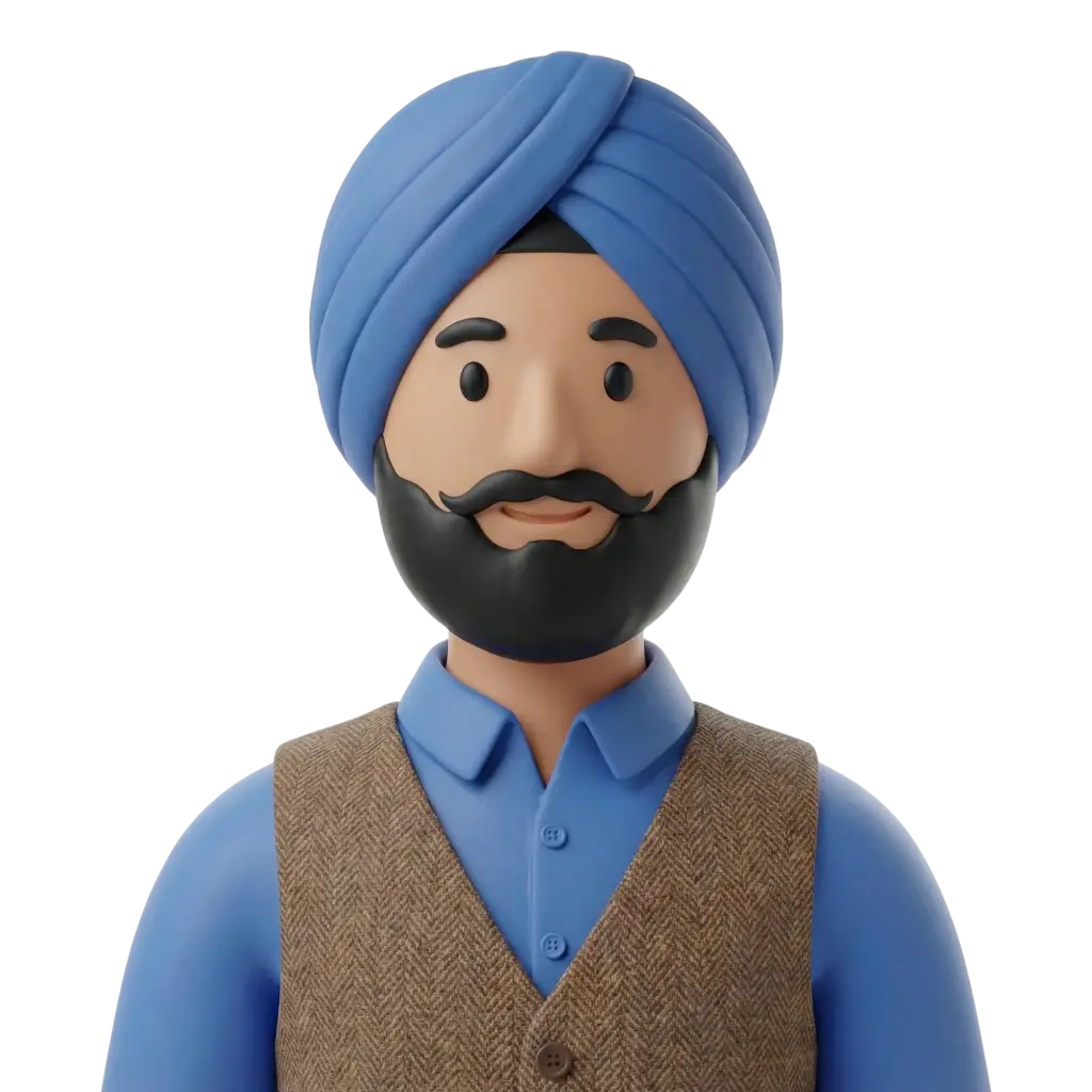 3D portrait bust of a Sikh man wearing a blue turban (dastaar) and a matching blue shirt with a brown herringbone vest, featuring a full black beard and curled mustache, neutral friendly expression and facing forward. Black isolated background.