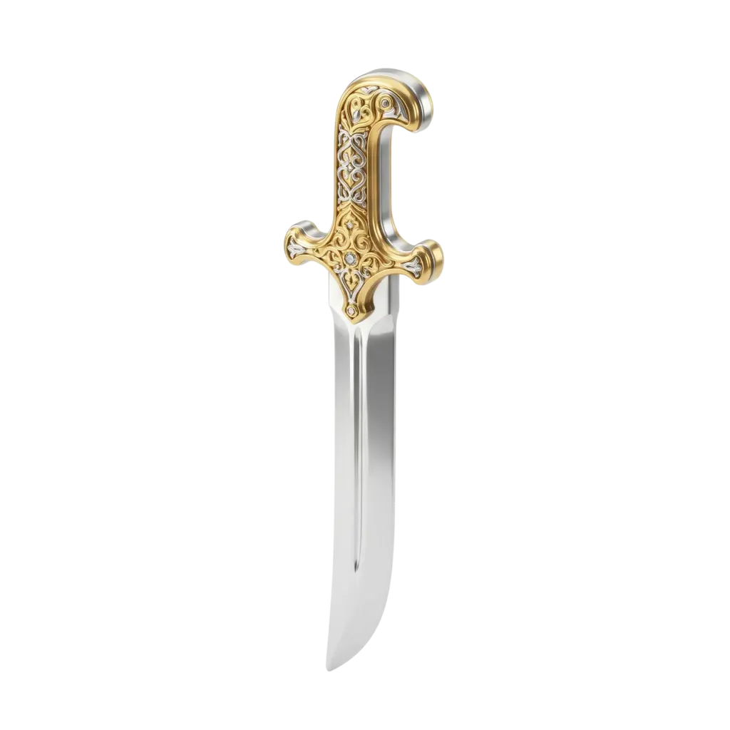 3D render of a decorative dagger with a polished silver single-edged blade and an ornate gold filigree hilt with jeweled accents, isolated on a transparent background.