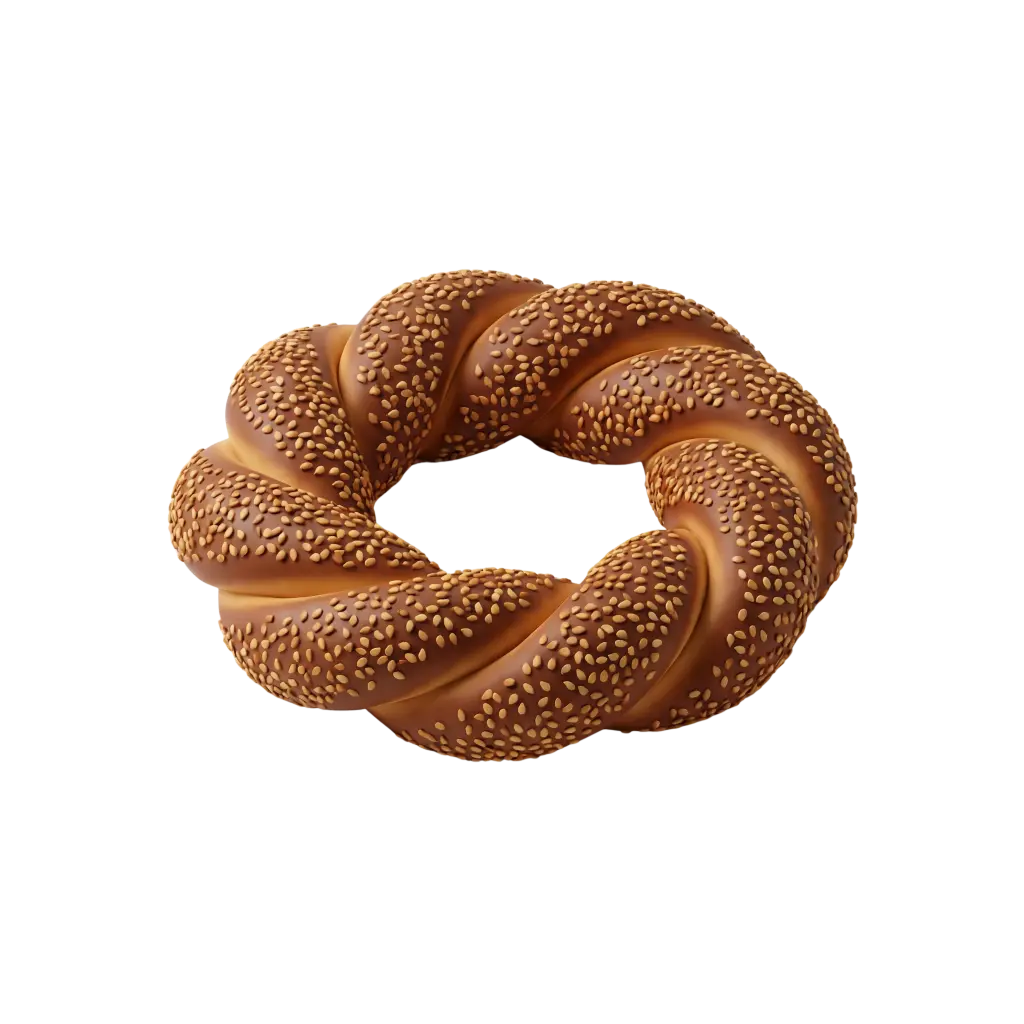 Isolated render of a golden‑brown simit ring topped with scattered sesame seeds, showing a twisted braided texture and glossy crust against a plain black background.