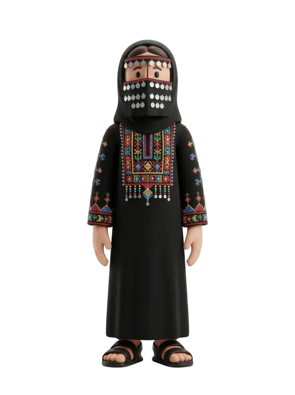 Full-body 3D character of a Sinai Bedouin woman wearing a black embroidered thobe with colorful chest and sleeve cross-stitch, a black headscarf and a traditional face covering adorned with silver coin ornaments, standing straight with sandals against an isolated black background.