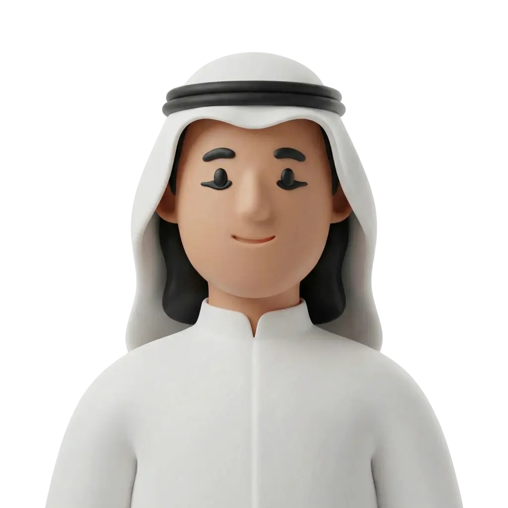 3D portrait bust of a male Sinai Bedouin wearing a white thobe and white headscarf secured with a black agal, stylized smooth facial features with a gentle smile and neutral expression. Simple black background, isolated matte render with no accessories.