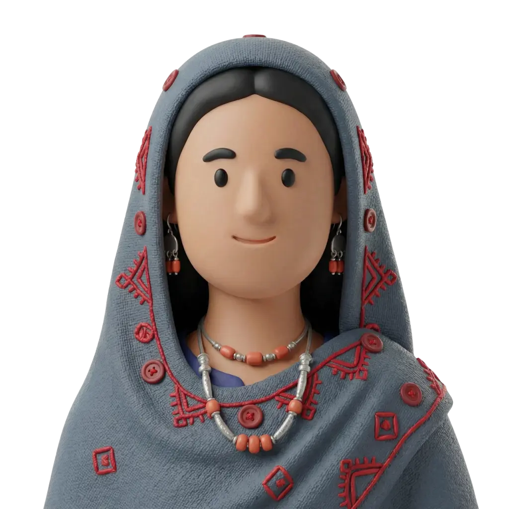 3D portrait bust of a young female wearing a blue-grey embroidered headscarf with red geometric stitching and button details, coral bead and silver necklaces, and coral-drop earrings. She faces forward with a gentle smile against an isolated dark background.