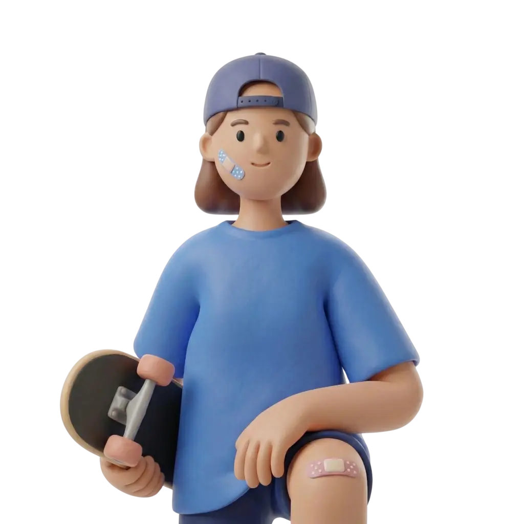 Full-body 3D character of a young female skater wearing a blue T-shirt and a backward blue cap, holding a skateboard, with adhesive bandages on her cheek and knee, short brown hair, relaxed pose and subtle smile against a transparent background.