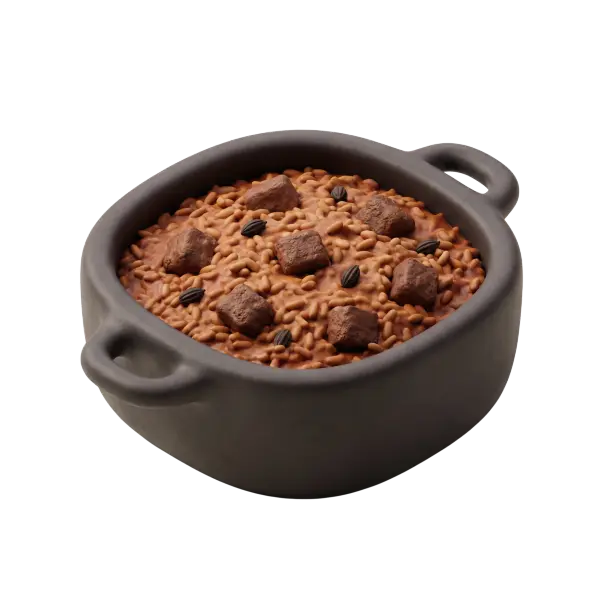 3D render of a matte dark ceramic pot filled with brown spiced rice, several cubed pieces of lamb, and whole dark cardamom pods; grains show a glossy saucy texture and the pot has two handles, isolated on a black background.