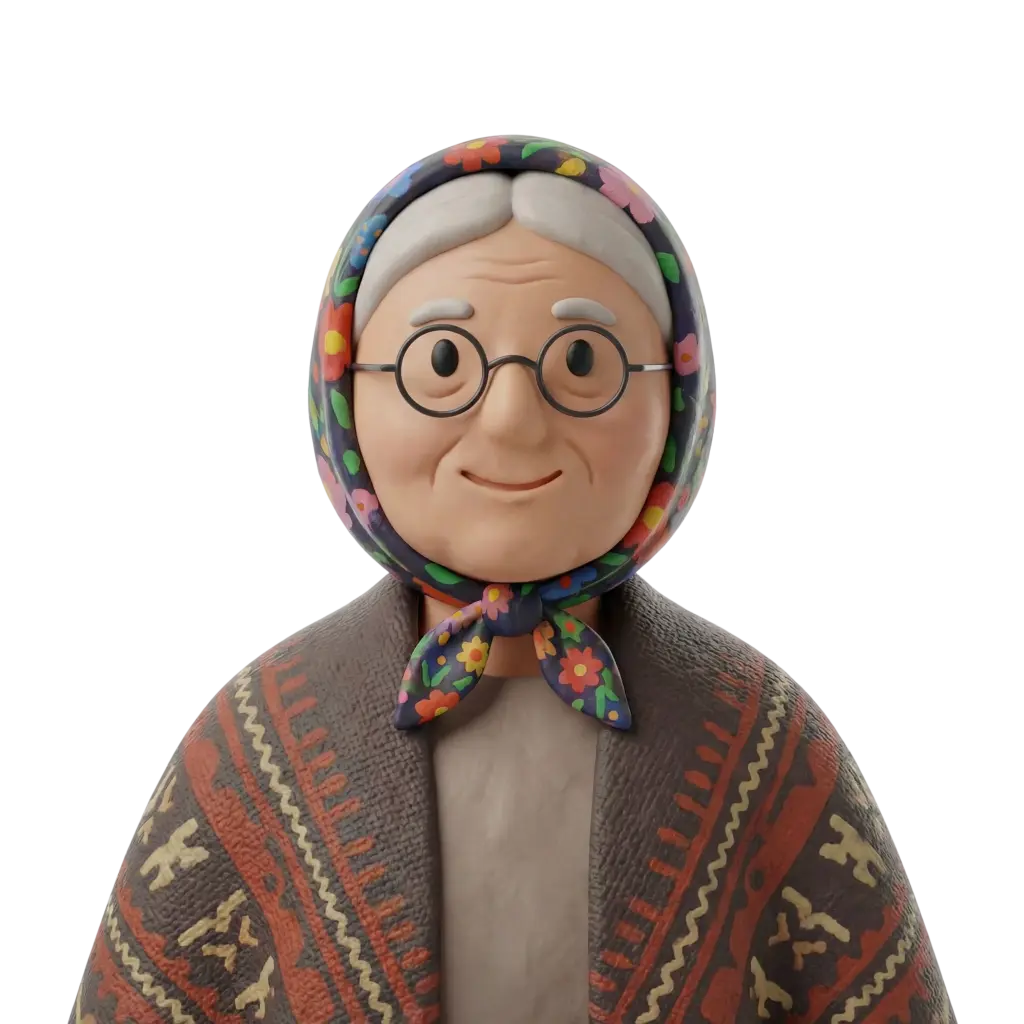 3D portrait bust of an elderly Slavic woman wearing a colorful floral headscarf tied under the chin, round glasses, grey hair, and a patterned folk shawl with warm red and beige motifs; she has a gentle smile and neutral forward-facing pose against a black background.