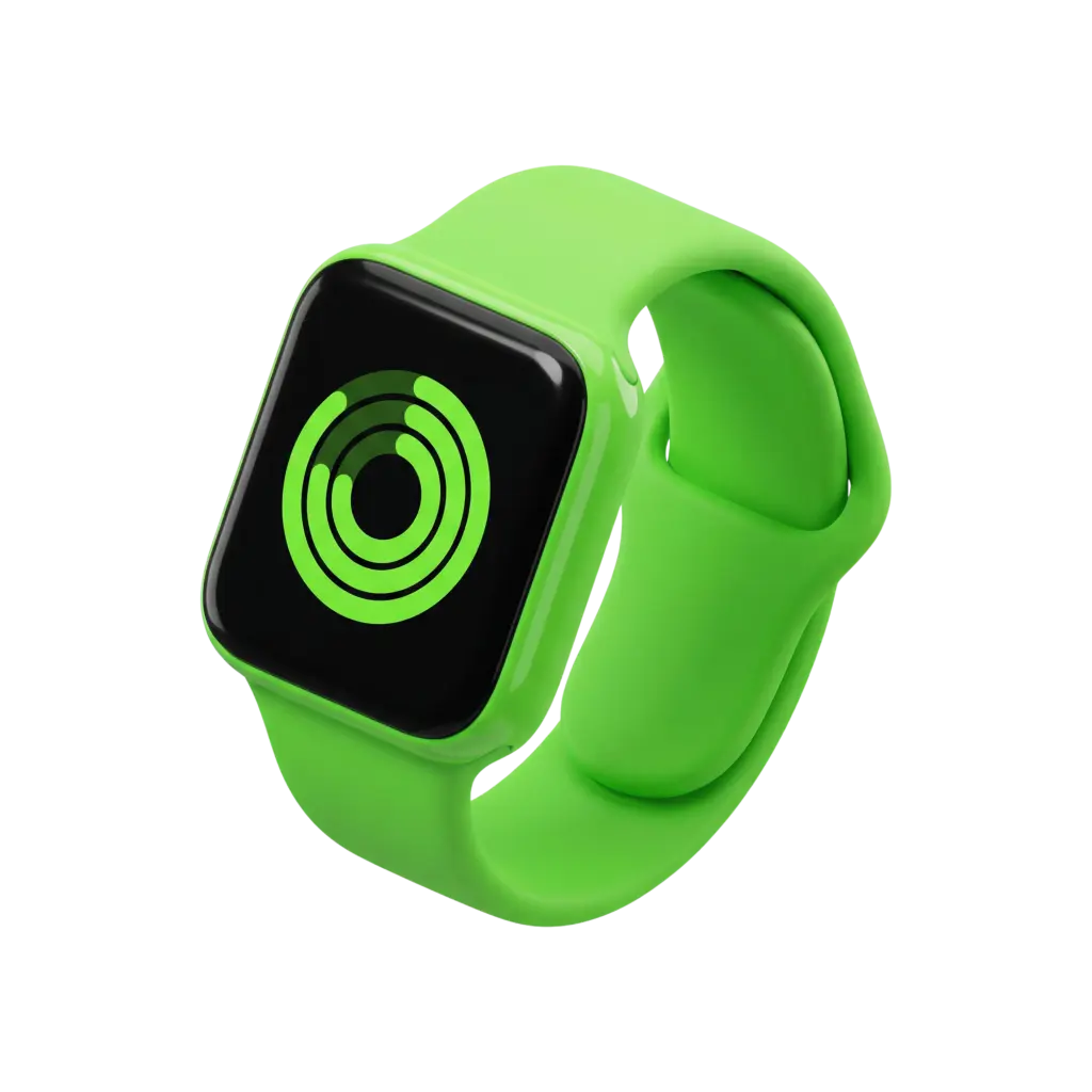 3D render of a neon-green smart watch with a glossy black rectangular display, rounded corners and a smooth matte silicone strap; isolated on a black background.