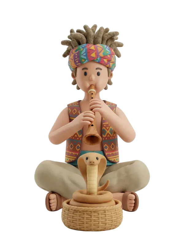 Full-body 3D character of a seated male snake charmer wearing a colorful patterned headwrap and vest, loose beige trousers and sandals, playing a wooden flute while a cobra rises from a woven basket; neutral focused expression and isolated black background.