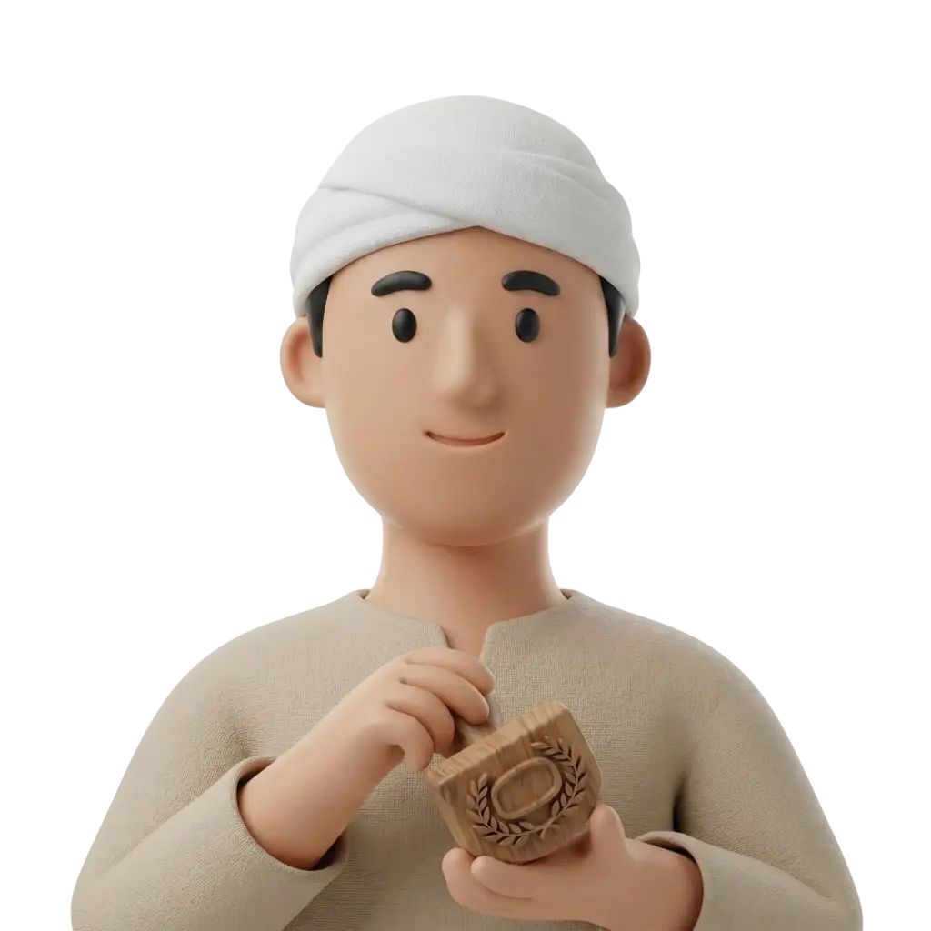 3D portrait bust of a young male soap maker from Aleppo wearing a white wrapped head towel and a beige textured tunic, holding a carved wooden soap mold with a laurel wreath motif. The character has simple stylized facial features, a gentle smile, and is presented on a neutral dark background.