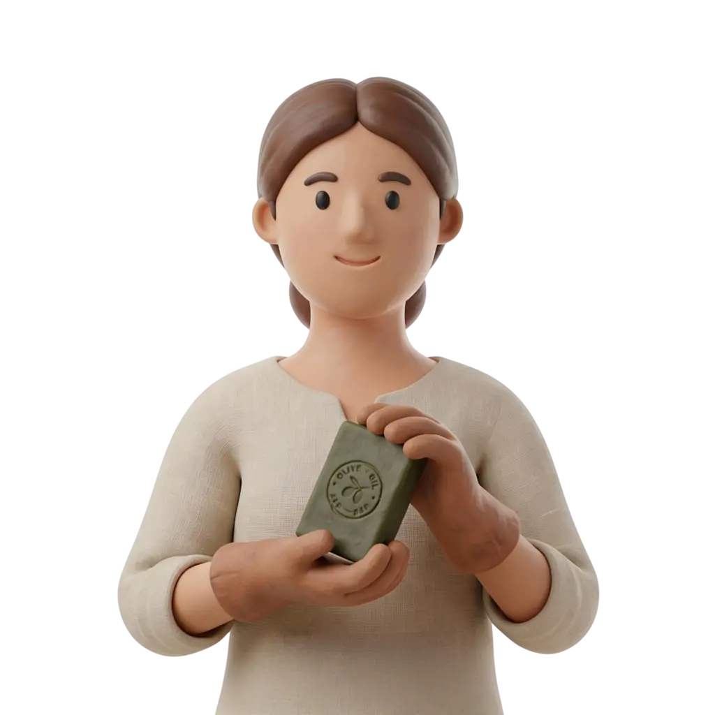 3D portrait bust of a female soap maker wearing a beige linen tunic, hair tied back, smiling gently while holding a green olive-oil soap bar stamped with an olive logo; hands and upper torso visible against a black isolated background.