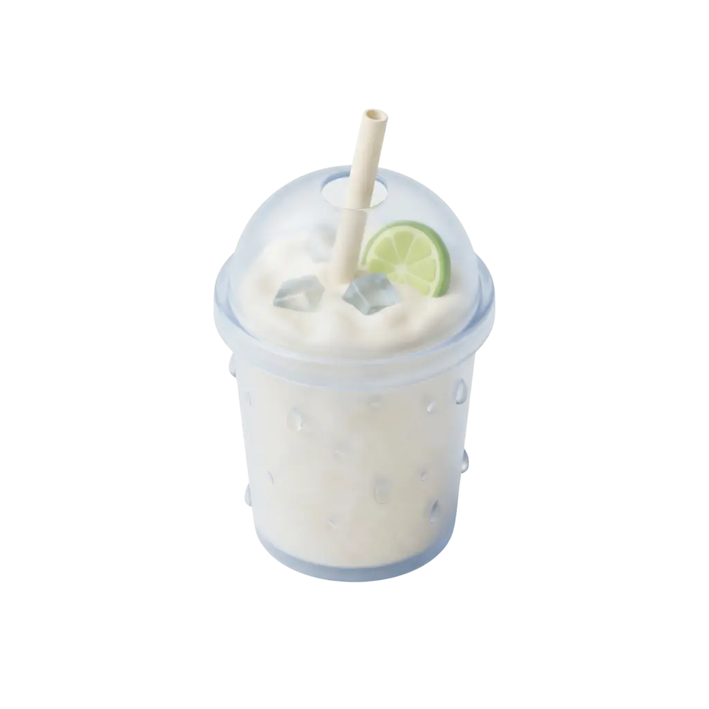 3D render of a chilled white coconut Sobia drink in a transparent plastic cup with a dome lid, visible ice cubes, a beige straw and a green lime slice on a black background.