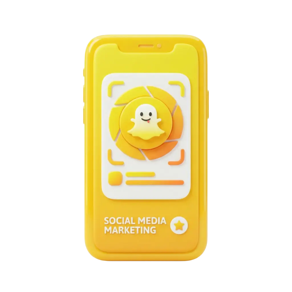 3D render of a glossy yellow smartphone-shaped app card with a white UI card on its screen, featuring a playful white ghost badge centered on concentric yellow-orange rings and minimal orange UI accents; isolated on a black background.