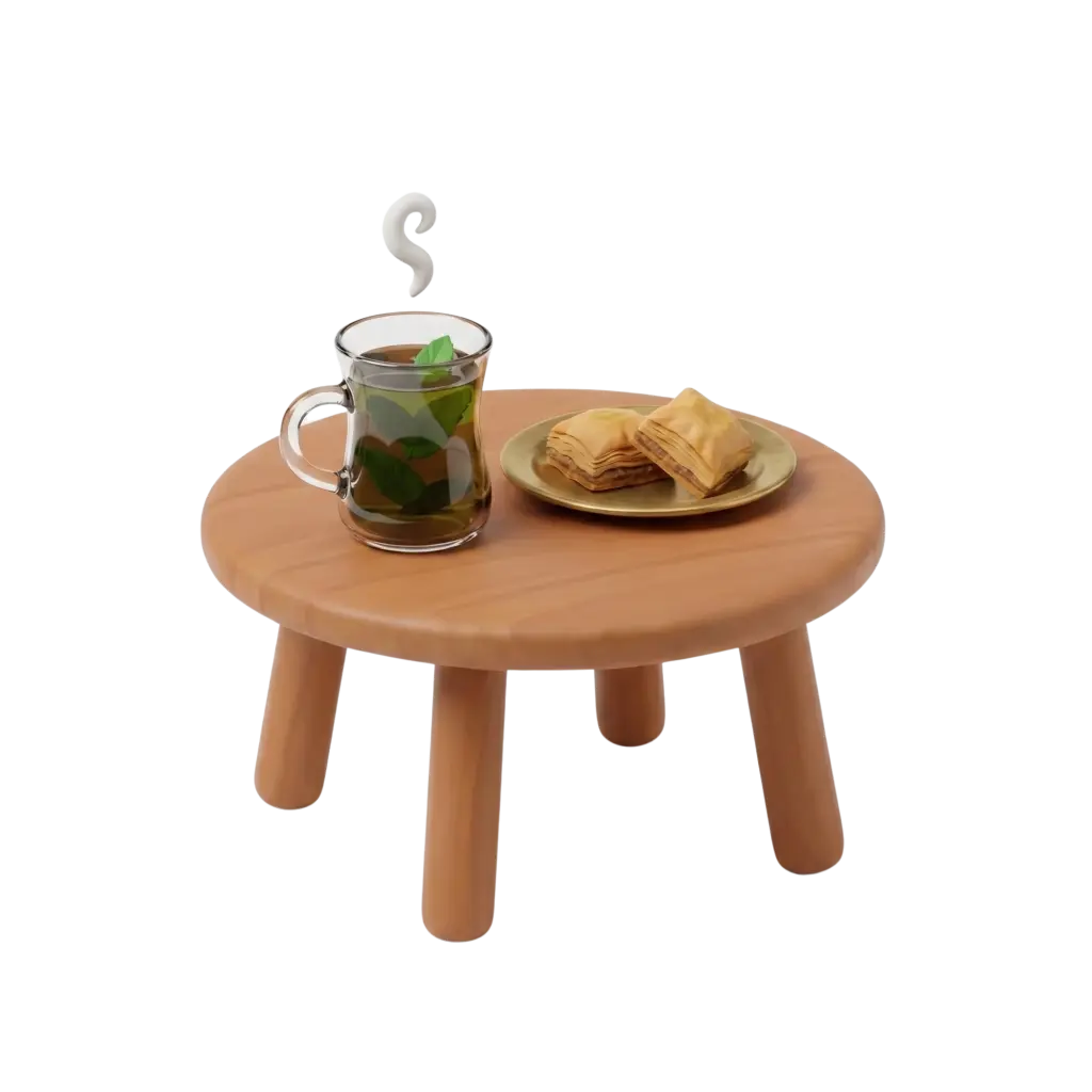 3D render of a clear glass mug of mint tea with visible green mint leaves and stylized white steam, placed on a round wooden stool beside a gold plate of layered filo pastries; glossy glass and metallic plate finishes. Isolated on a transparent background.