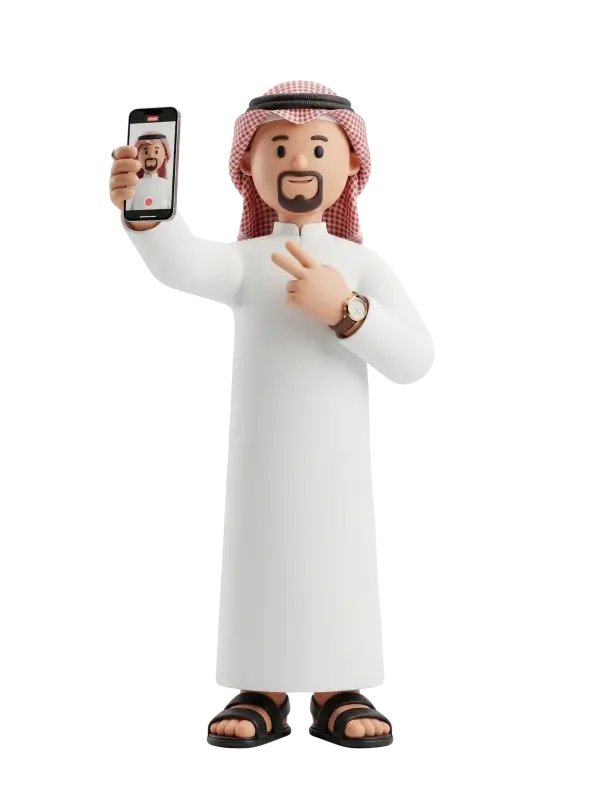 Full-body 3D character of a smiling Gulf man wearing a white thobe and red-checkered shemagh with a black agal, brown wristwatch and black sandals, holding a smartphone to take a selfie while flashing a peace sign on a black background.