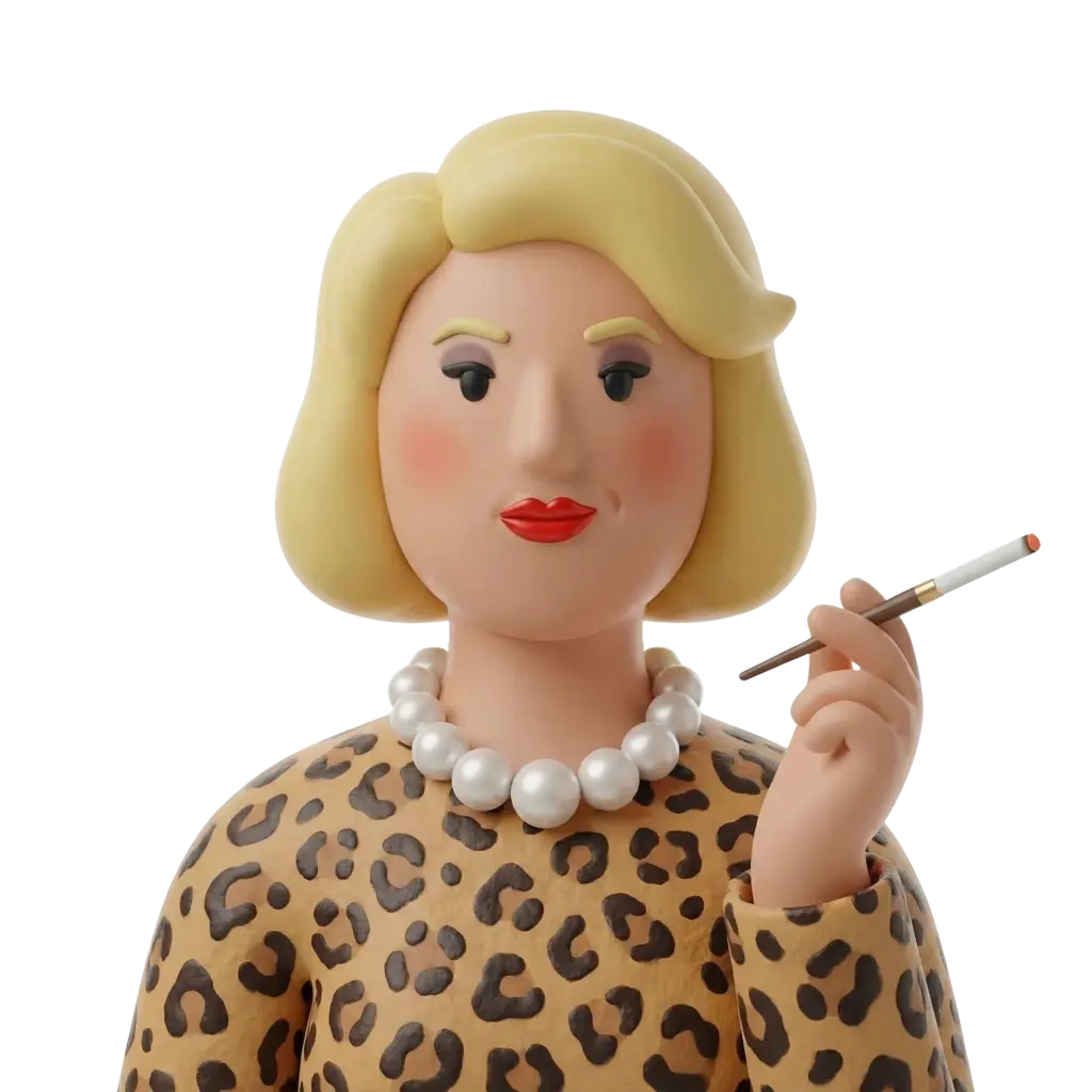 3D portrait bust of a woman with short blonde hair wearing a leopard-print top and a large pearl necklace, holding a cigarette in a long holder. She has red lipstick, rosy cheeks, arched eyebrows, a confident neutral expression, and the render is isolated on a black background.
