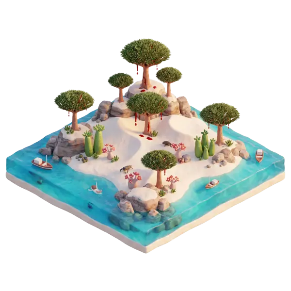 3D render of a stylized isometric island featuring umbrella-shaped Dragon's Blood trees with red resin droplets, sandy white plateaus, rocky outcrops and turquoise surrounding water. The scene shows small boats, coastal rocks and soft studio lighting on an isolated render.