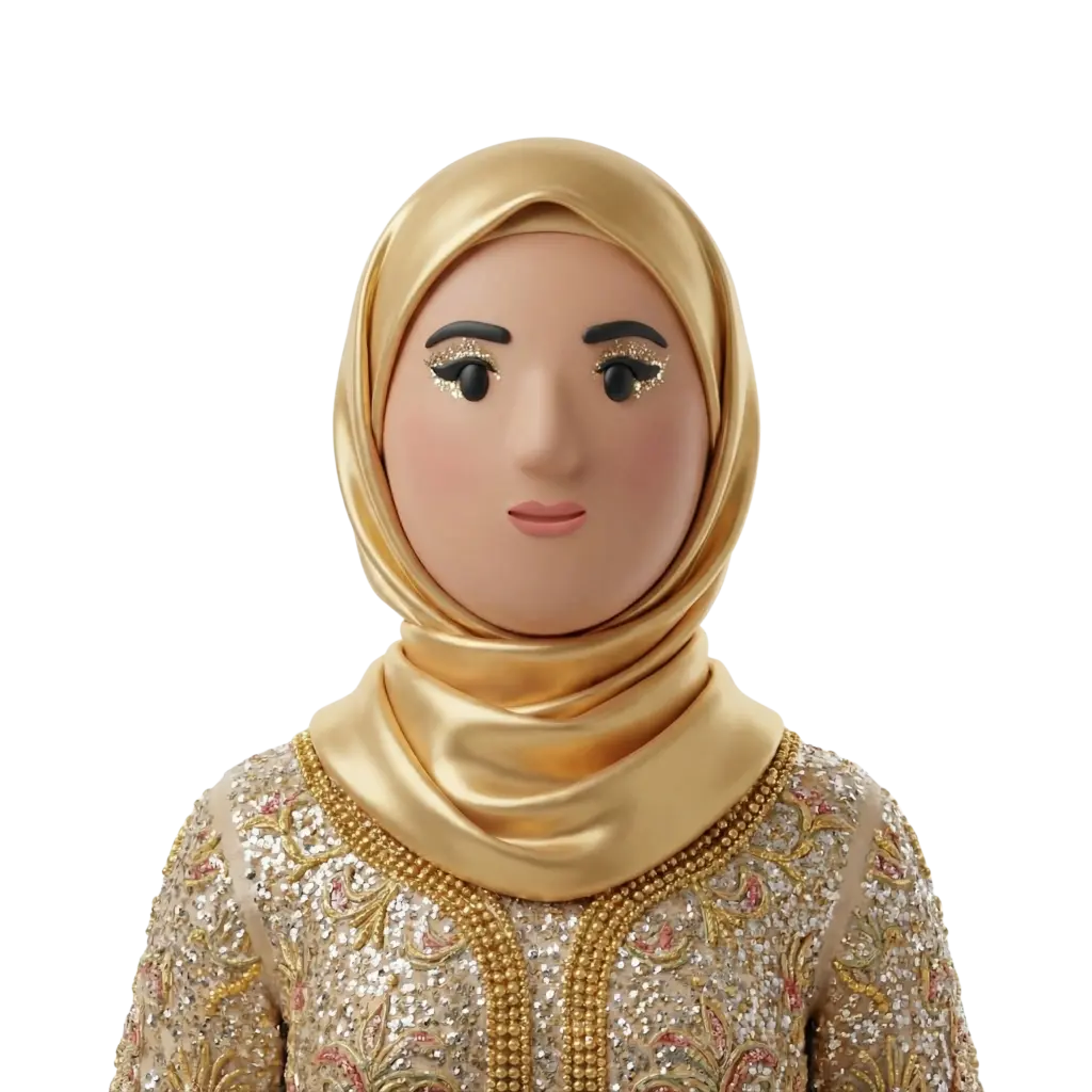 3D portrait bust of a female wearing a gold satin hijab and an ornate gold-beaded sequin dress, with glittery gold eye makeup, subtle lipstick, neutral expression, and a black isolated background.
