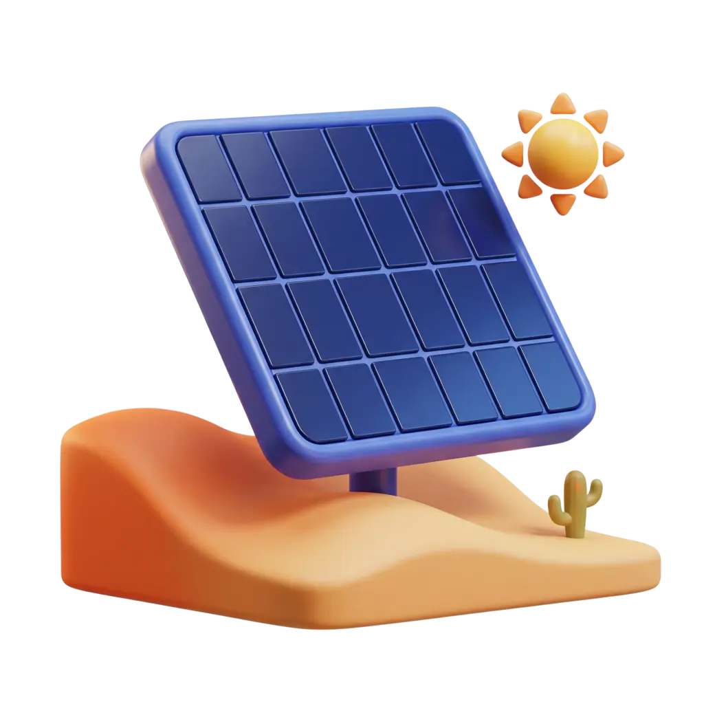 3D render of a stylized blue solar panel with rectangular cells in a rounded frame mounted on an orange dune-like matte base with a small cactus and a cartoon sun icon; glossy panel surface and smooth matte base, transparent background.