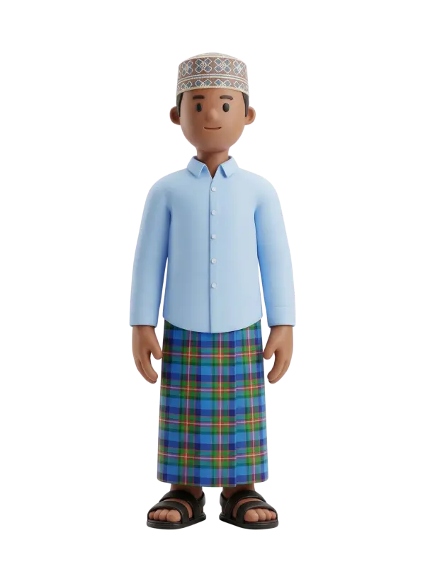 Full-body 3D character of a Somali man wearing a light-blue buttoned shirt, a blue-green checked macawiis sarong and an embroidered cap, with black sandals, a calm smile and hands at his sides, isolated on a black background.