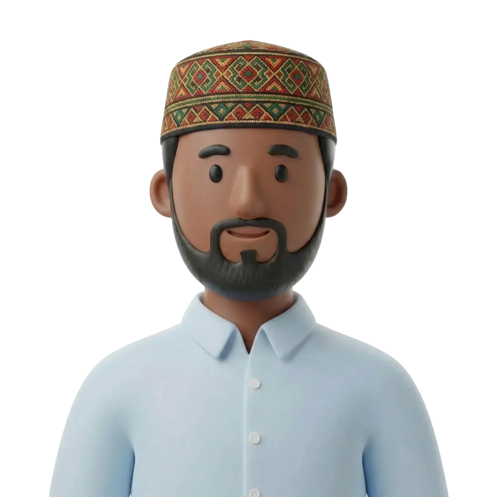 3D portrait bust of a Somali man wearing a colorful embroidered kufi cap and a light-blue collared shirt, with a neat full beard and a warm slight smile; front-facing pose on a solid black background.