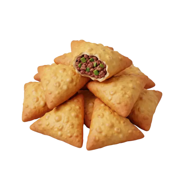 3D render of a pile of triangular Somali sambusas with golden-brown bubbled pastry, one piece cut open to show spiced minced meat and green pepper pieces inside, isolated on a dark/transparent background.