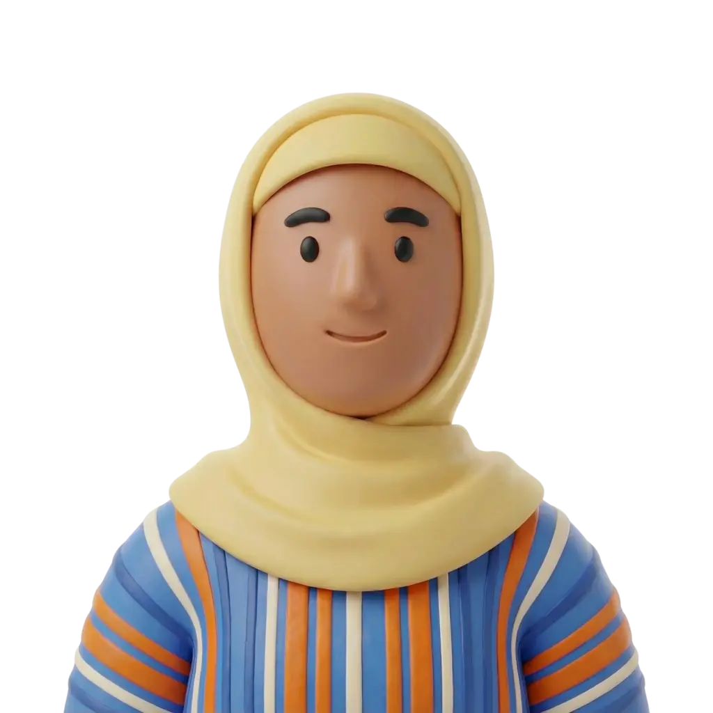 3D portrait bust of a Somali woman wearing a pale yellow hijab and a striped blue-and-orange top, with simple black eyebrows and a subtle smile. Facing forward with a friendly neutral expression, no visible accessories, isolated on a black background.