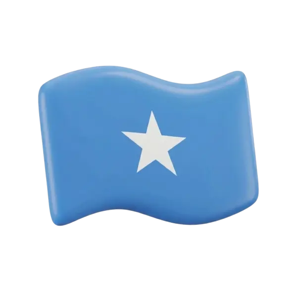3D render of a glossy, wavy Somalia flag icon — cyan-blue rectangular flag with a central white five-pointed star and a smooth plastic-like finish, isolated on a transparent background.