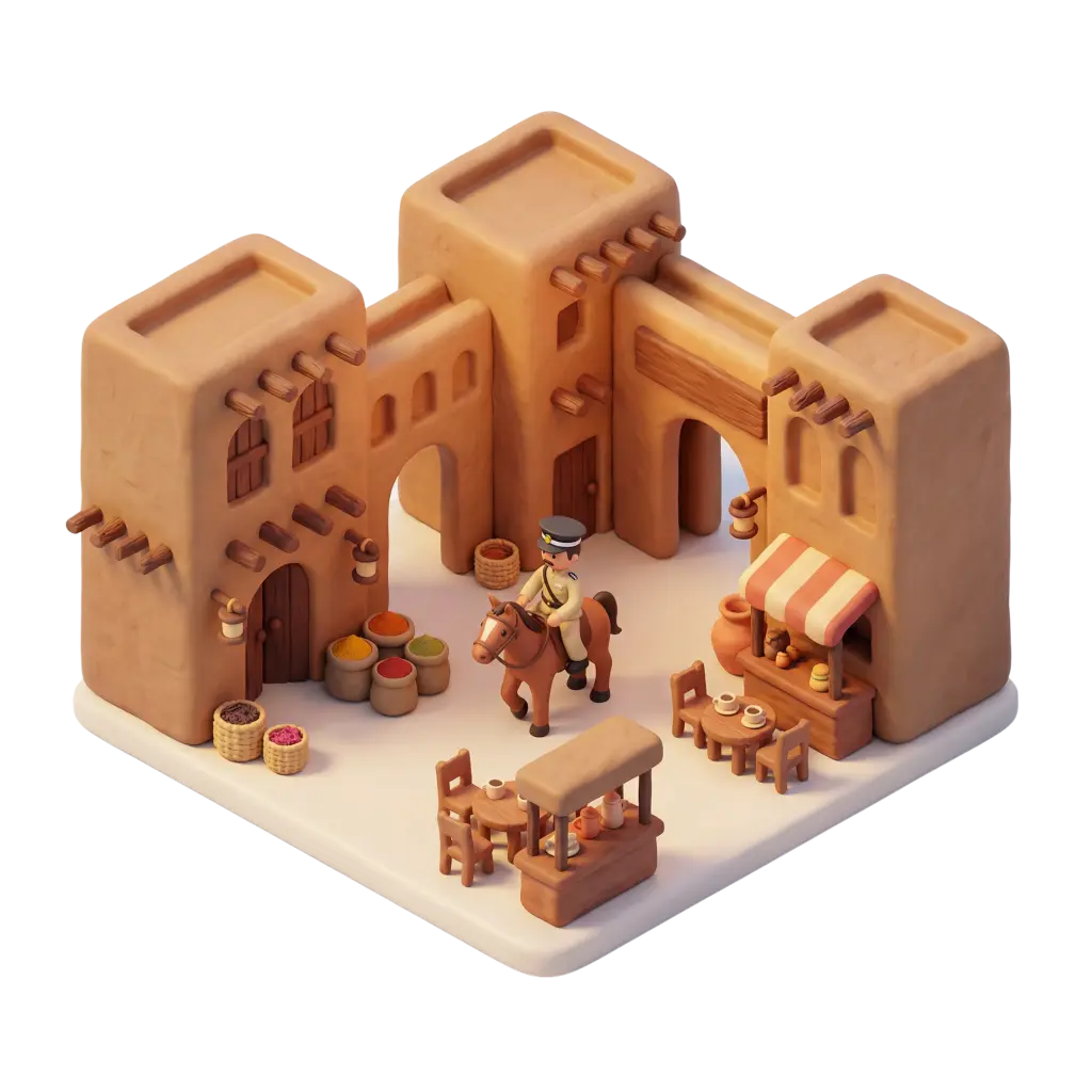 3D render of Souq Waqif in a clay-style isometric scene showing low earthen buildings with arched doorways, spice sacks, street stalls, outdoor tables and a mounted guard figure. Warm beige and terracotta palette with soft studio lighting and isolated background.