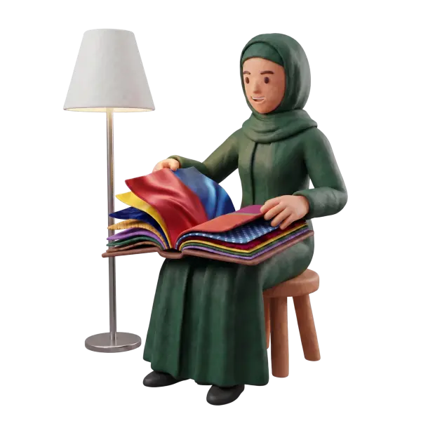 Full-body 3D scene of a female small-business owner wearing a green hijab and long coat, seated on a stool and flipping through a large colorful fabric swatch book with a floor lamp beside her on a black background.